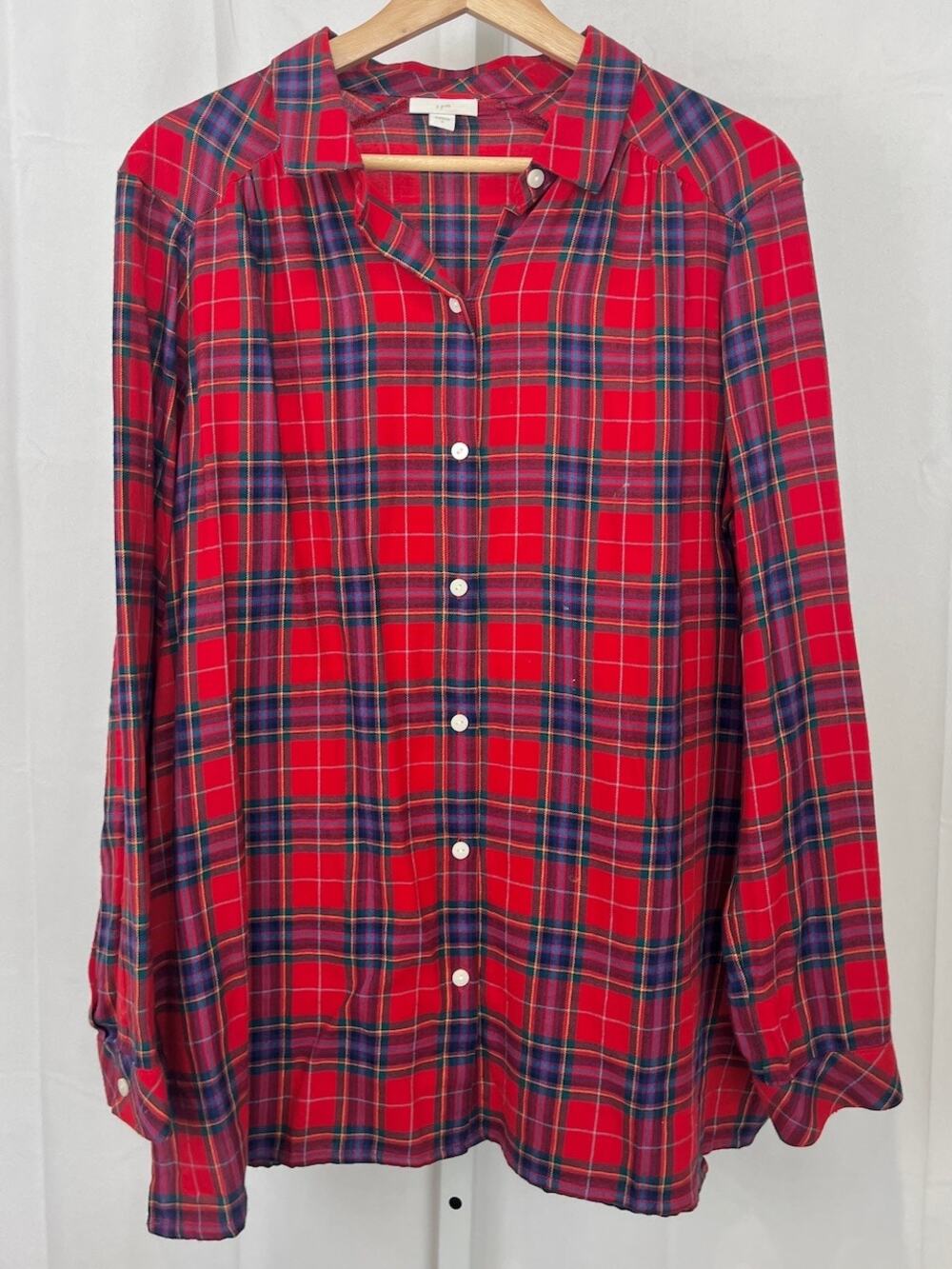 J. JILL Plaid Button Front Shirt Long Sleeve Cotton Modal Red Blue Size L
